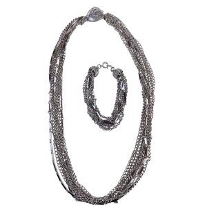 Vintage Unknown Womens Silver Tone Metal Multi Chain Necklace & Bracelet Set